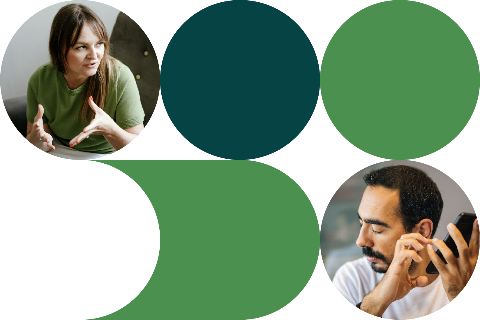 Collage featuring a woman psychologist speaking, a man listening to audio on his phone, and colored circles