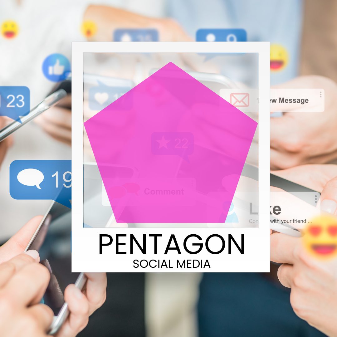 A group of people holding cell phones with a pink pentagon in the middle