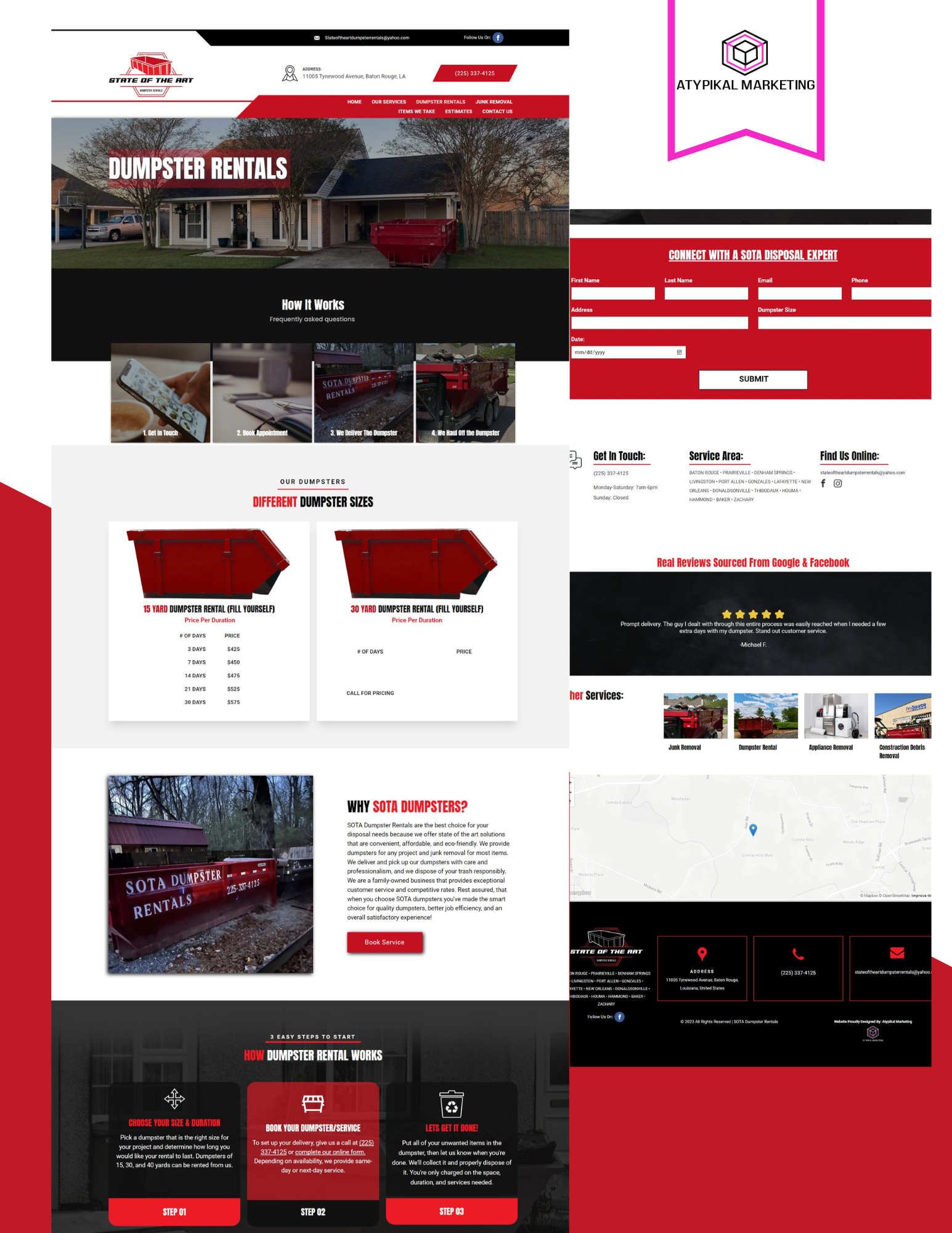 A collage of images of a website for a dumpster company.