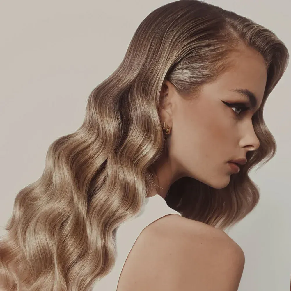 A woman with long wavy hair is wearing a white tank top — Lavie Hair & Beauty in Ciccone, NT