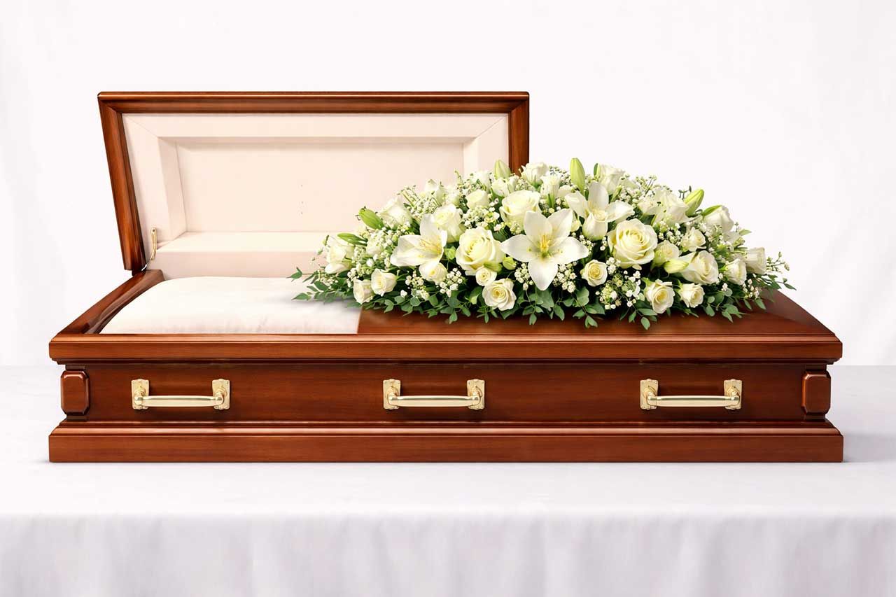 Wooden Casket With White Floral Arrangement On Top In Funeral Setting