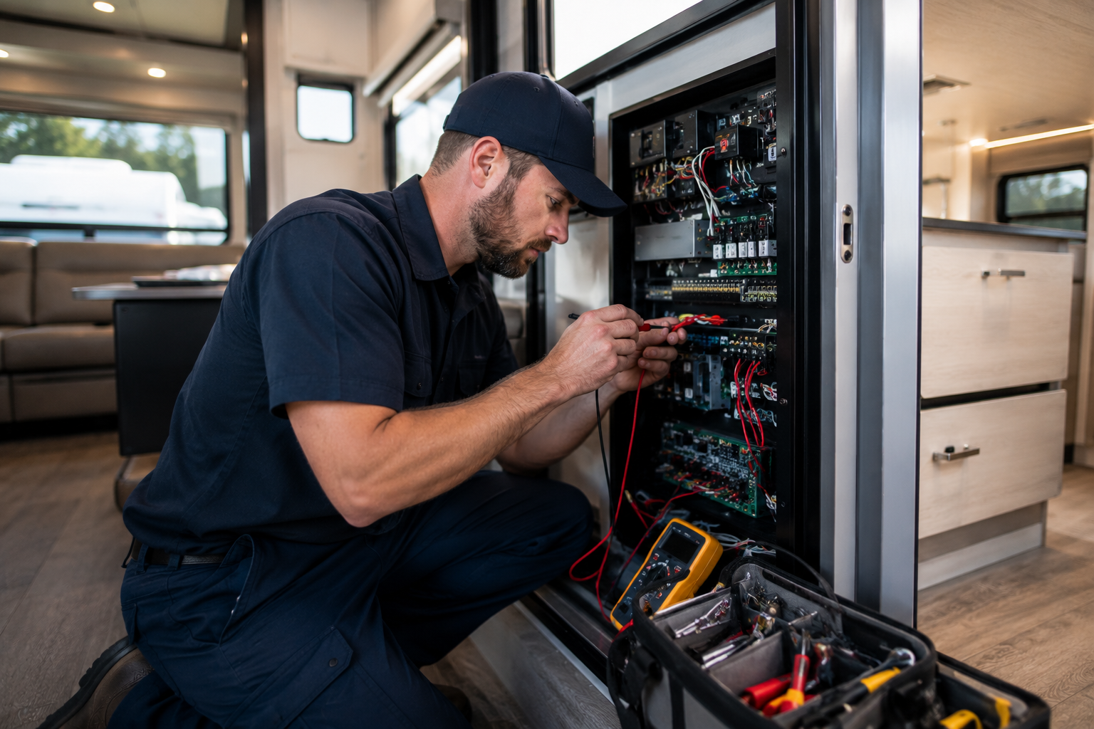Technician kneels beside an open equipment cabinet, wiring cables inside a modern vehicle interior.