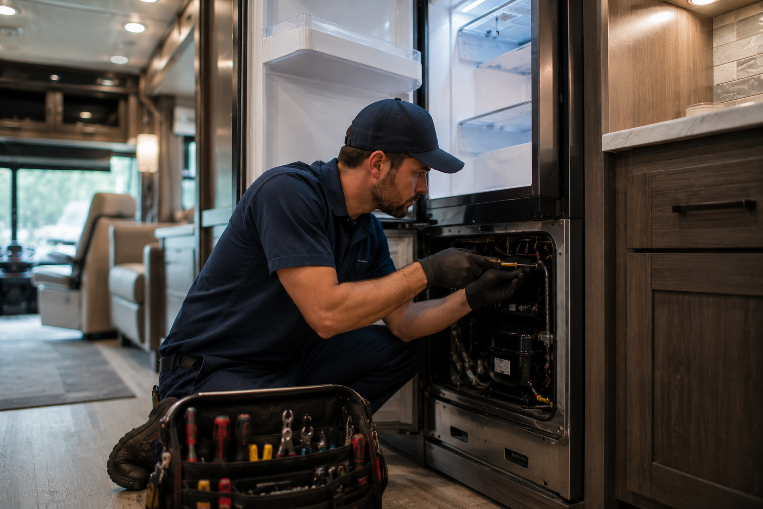 Technician repairing a built-in oven in a kitchen, kneeling beside open appliance drawers.