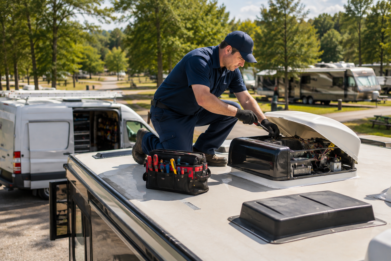Technician in navy uniform servicing rooftop HVAC unit on white work van in a sunny parking lot