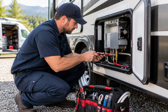 Technician repairing an RV electrical panel outdoors, with tools on the ground.