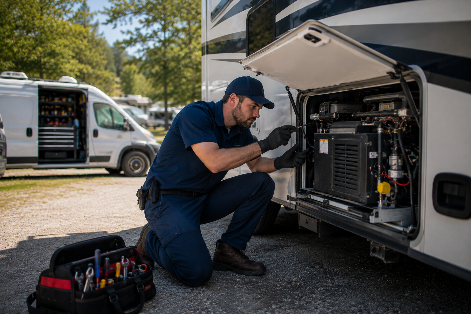 Mechanic in blue uniform repairs RV engine compartment beside a tool kit and service van