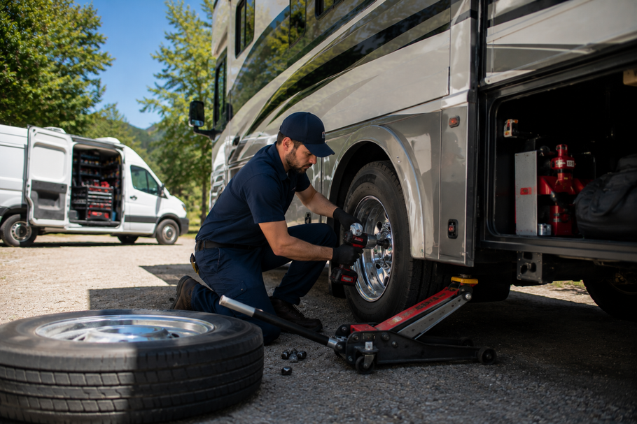 Mechanic kneeling beside an RV, tightening a wheel with a jack and spare tire on the ground.