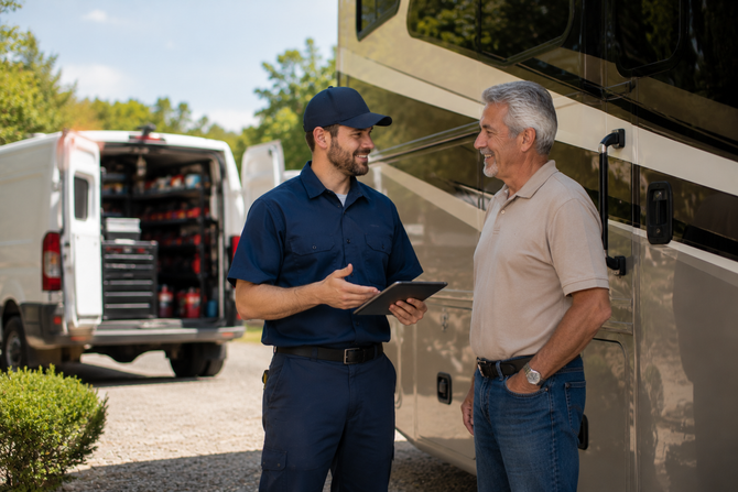 Two men talking beside an RV, with a service van and equipment in the background.