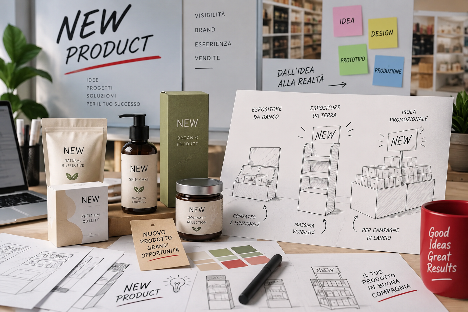 Mockup del prodotto su una scrivania con flaconi di prodotti per la cura della pelle