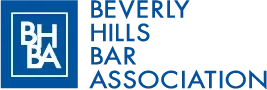 Blue and white Beverly Hills Bar Association logo with BHBA initials in a square.