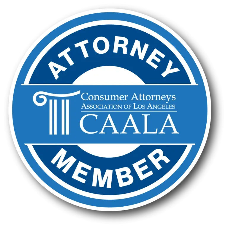 Blue circular CAALA Attorney Member badge with white text and logo