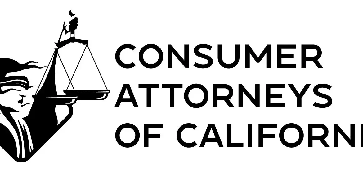 Consumer Attorneys of California logo with a black scale icon and bold black text