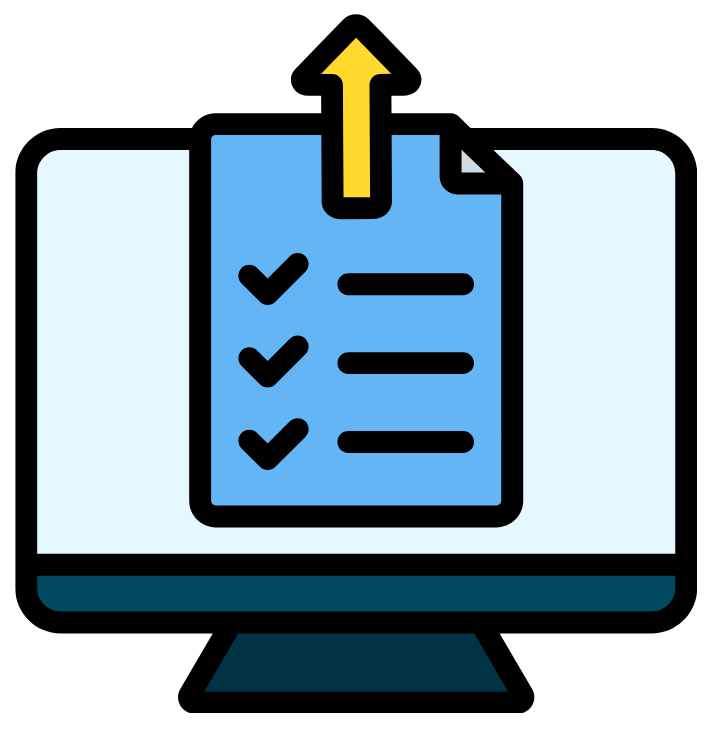 Clipboard with checklist on a computer monitor, with a yellow upload arrow above it.