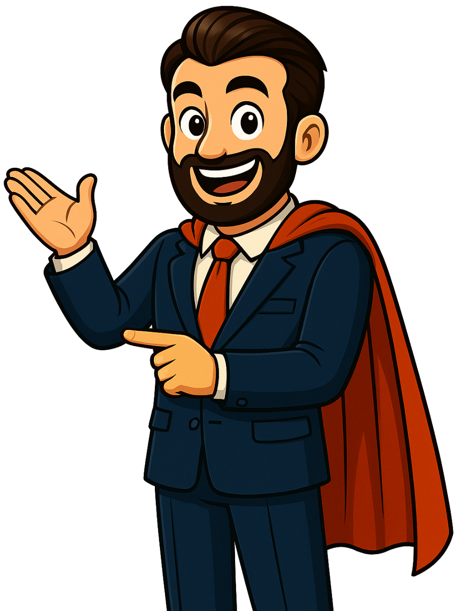 Cartoon man in a navy suit and red cape, smiling and gesturing with one hand raised.