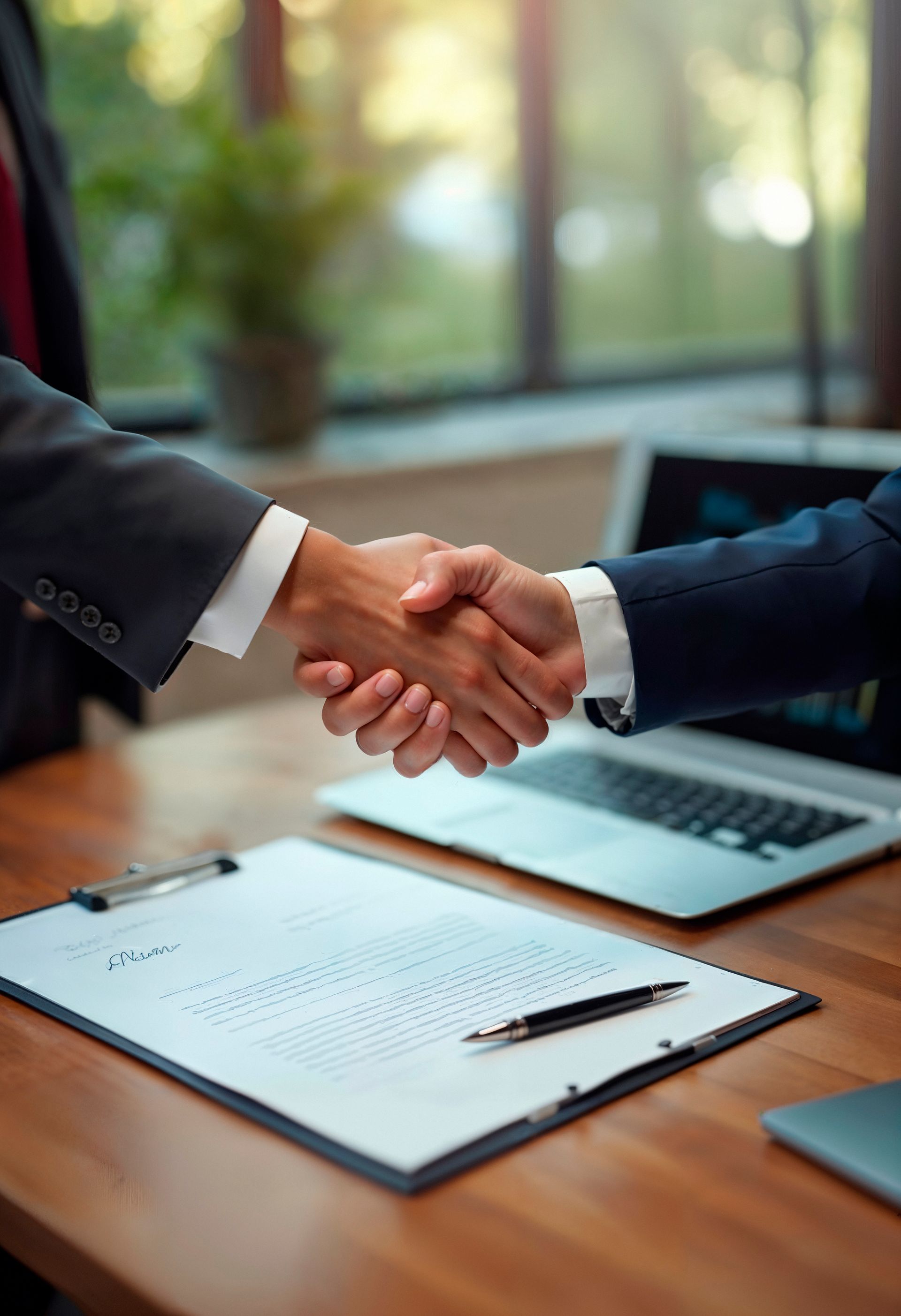 Two businesspeople shaking hands over a desk with a clipboard and laptop in the background