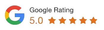 Google Rating 5.0 with five orange stars and the Google logo