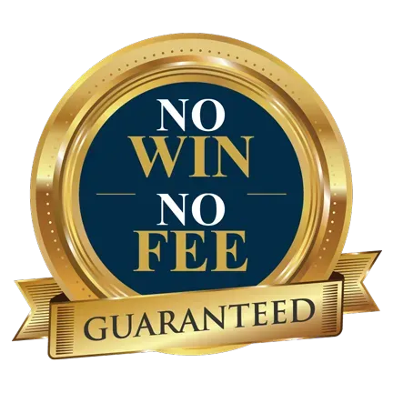 Gold seal reading “NO WIN NO FEE” and “GUARANTEED” on a blue center background.