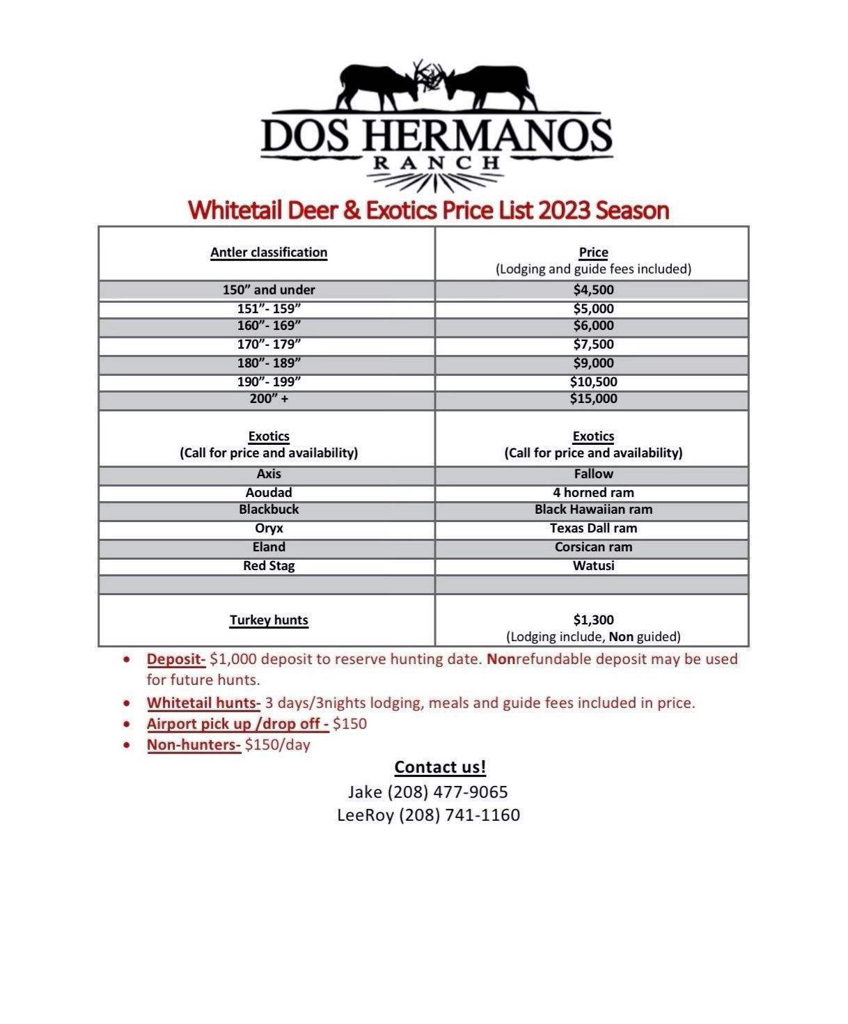 A whitetail deer and exotic price list for the 2022 season.