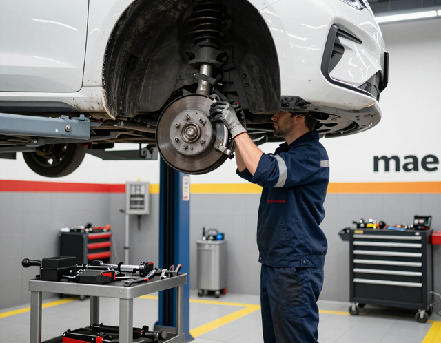 Mechanic inspecting brakes and suspension