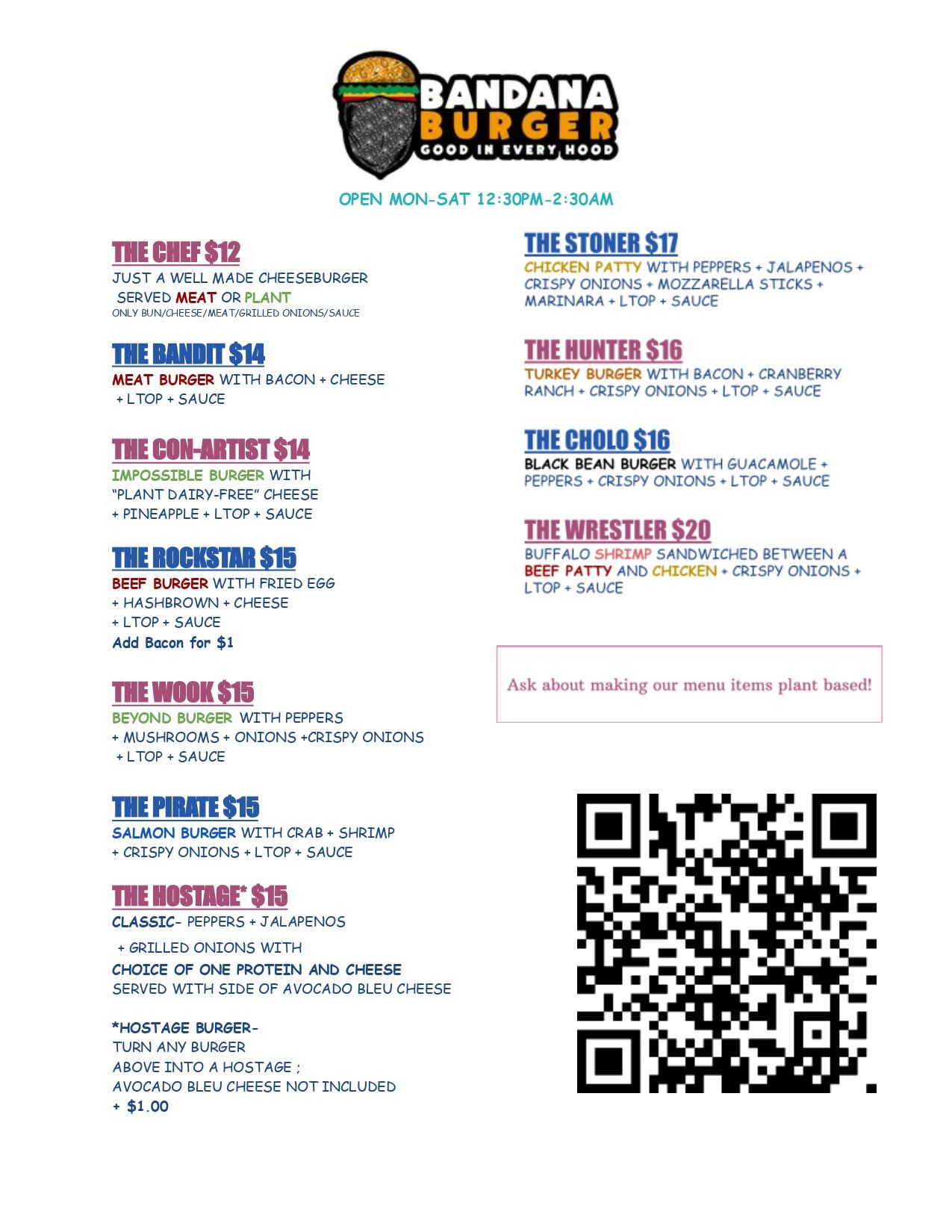 Savor Our Burgers Menu Savannah, GA Bandana Burger