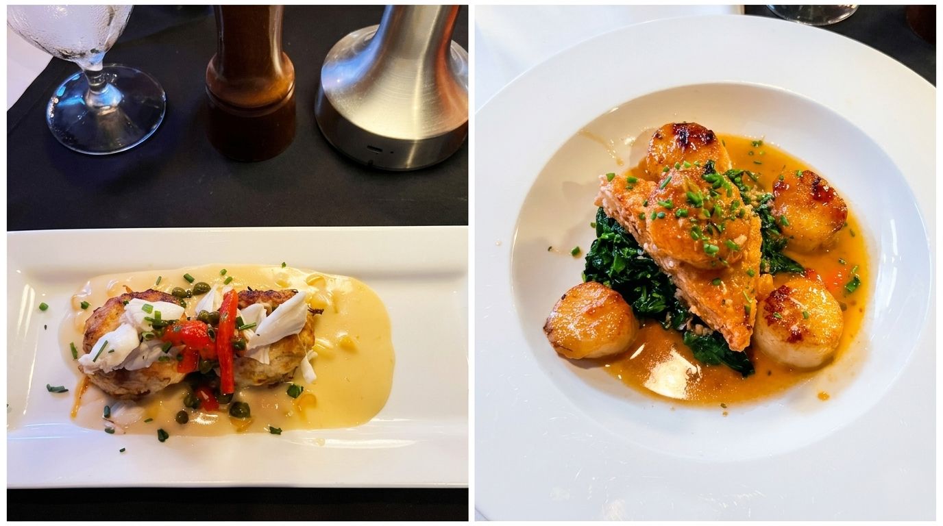 Crab cakes appetizer and champagne poached scallops dinner.
