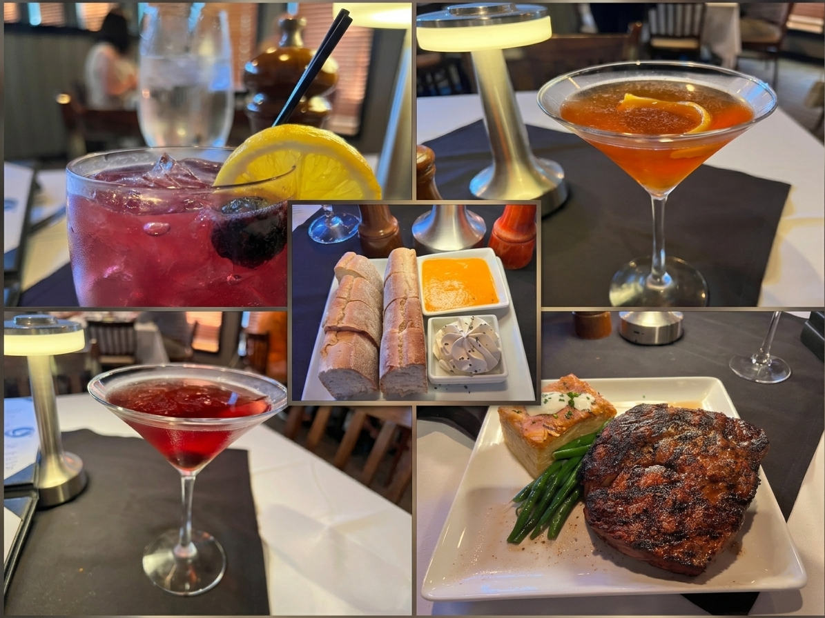 Rosemary Focaccia appetizer, drinks and steak dinner.