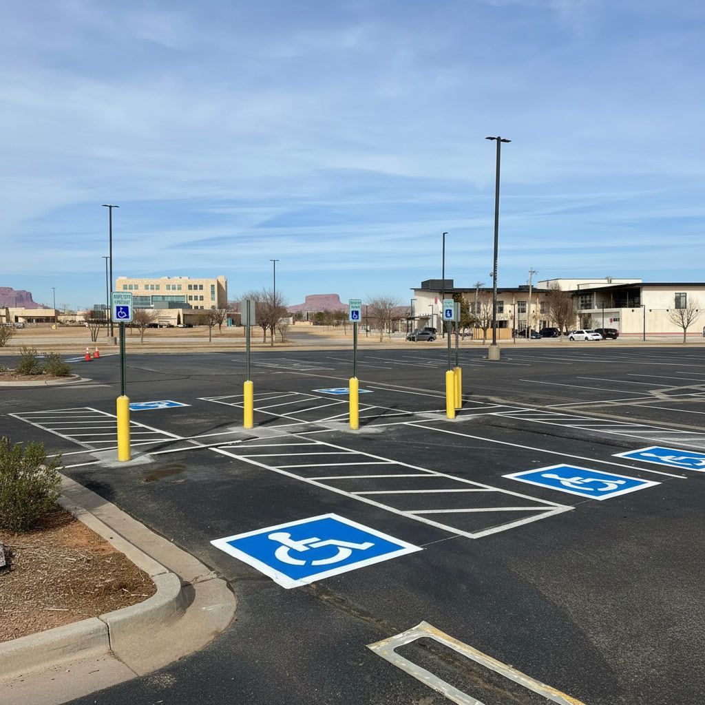 ADA parking spaces in Mesa AZ with blue symbols, access aisles, and yellow safety bollards