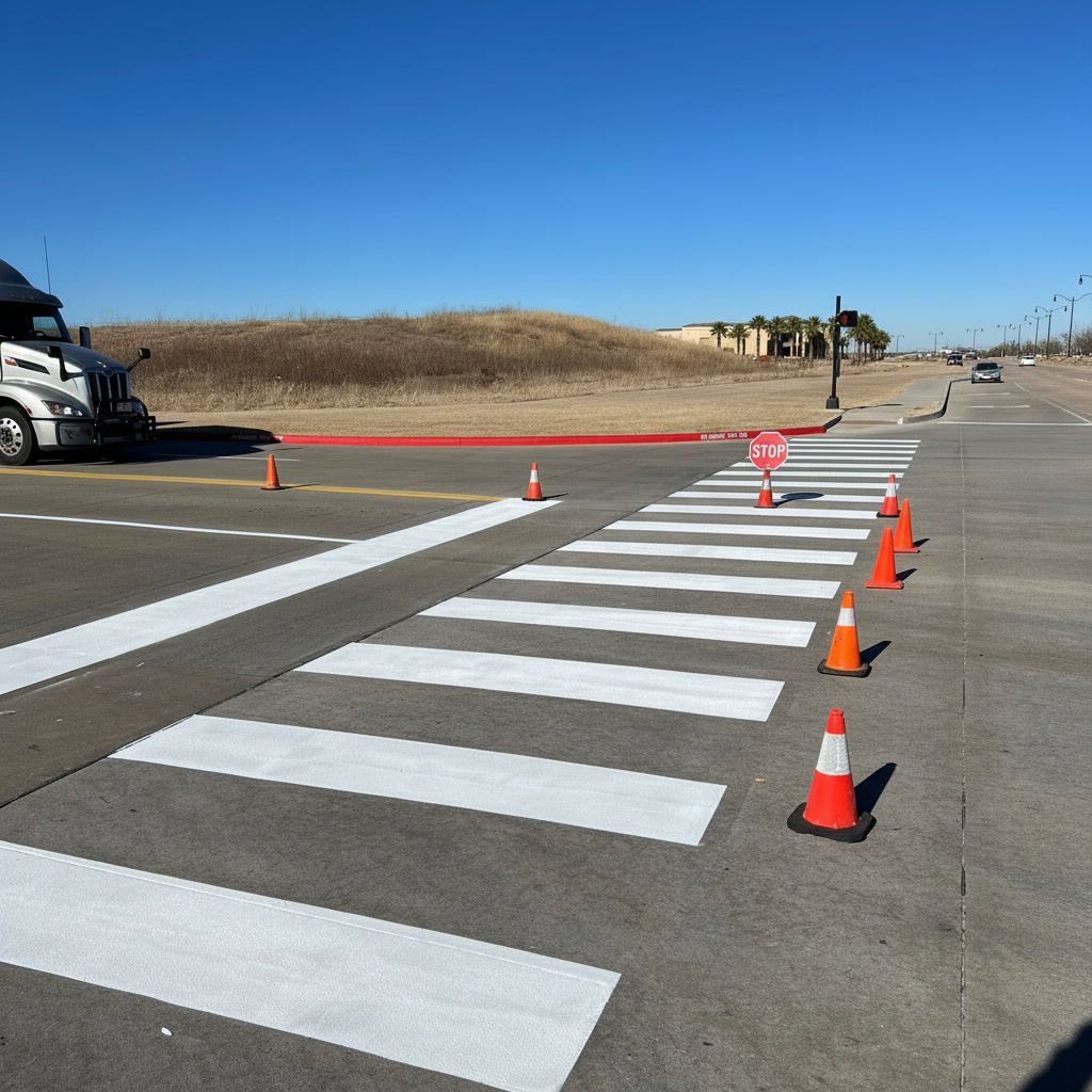 White crosswalk striping on roadway in Mesa AZ with traffic cones and clear pedestrian safety markings