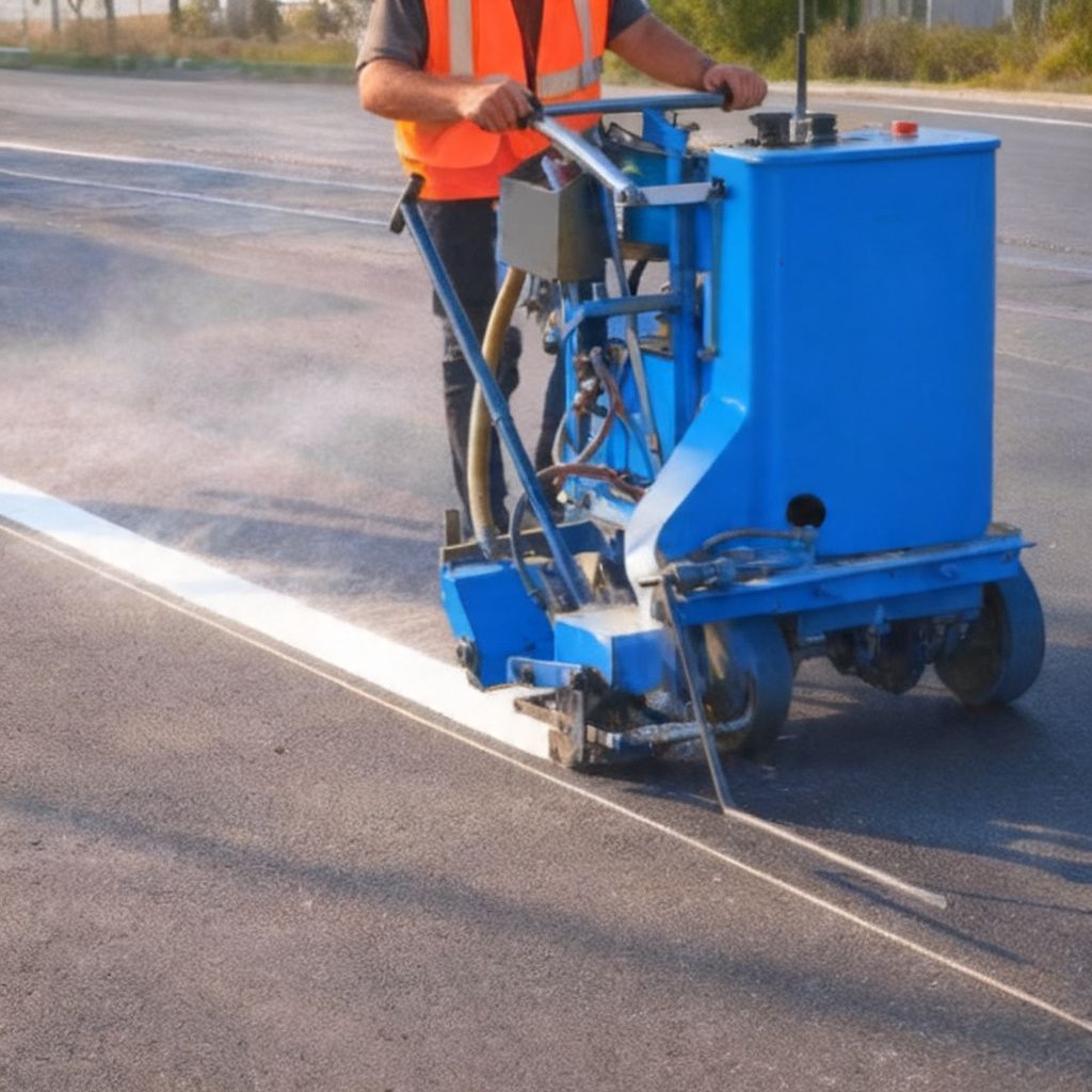Line striping machine applying white line on asphalt in Mesa AZ for clean and precise road markings