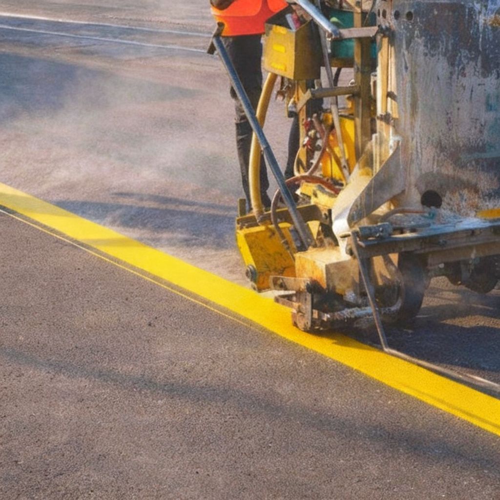 Thermoplastic striping machine applying yellow line on roadway in Mesa AZ for durable traffic markings