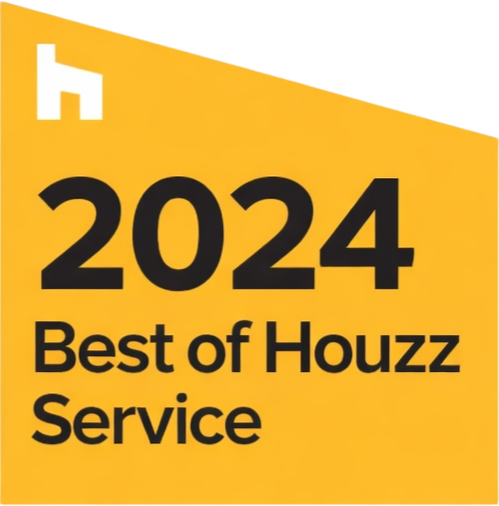 A yellow rectangular badge with a white Houzz logo, reading