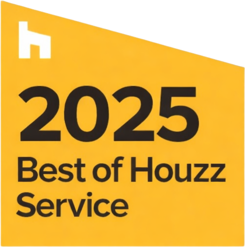 Yellow square badge with a white house logo and the text: 2025 Best of Houzz Service.
