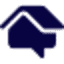 A dark blue icon featuring the silhouette of a house integrated with a speech bubble shape.