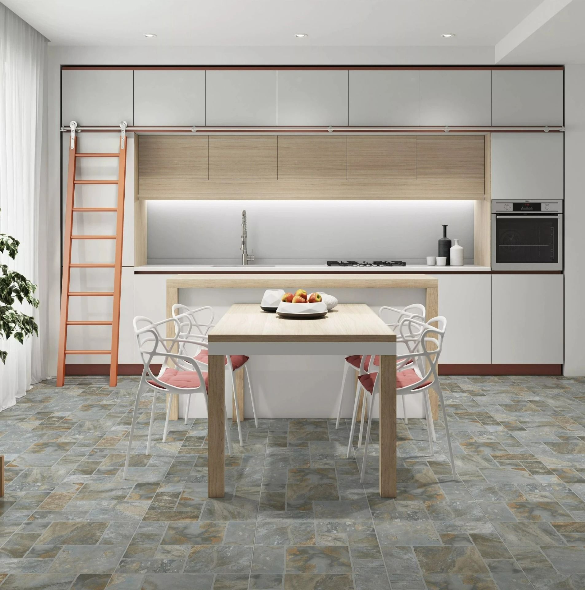 Modern kitchen with gray cabinets, wooden ladder, island table, and white wire chairs on stone tile floor