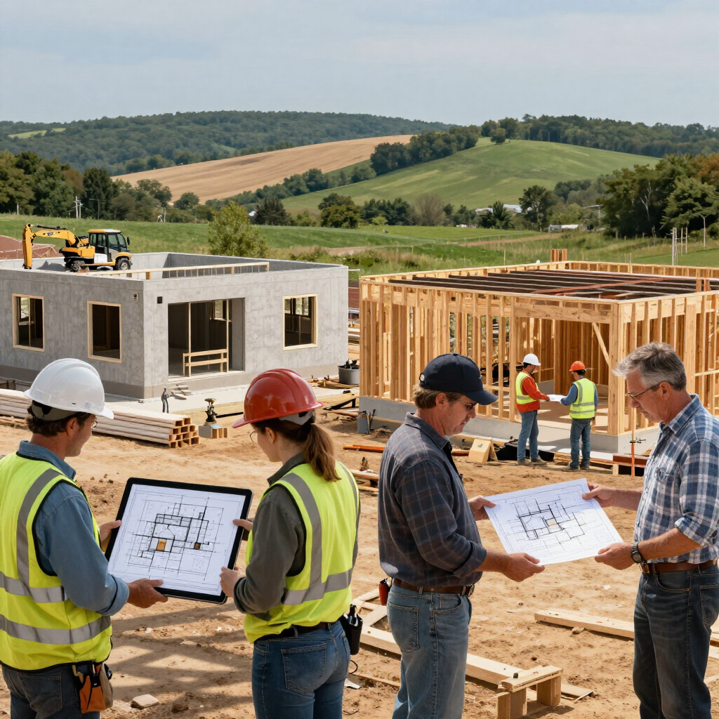 Construction crew reviewing blueprints at a building site with wooden framing and concrete walls, hills in the background