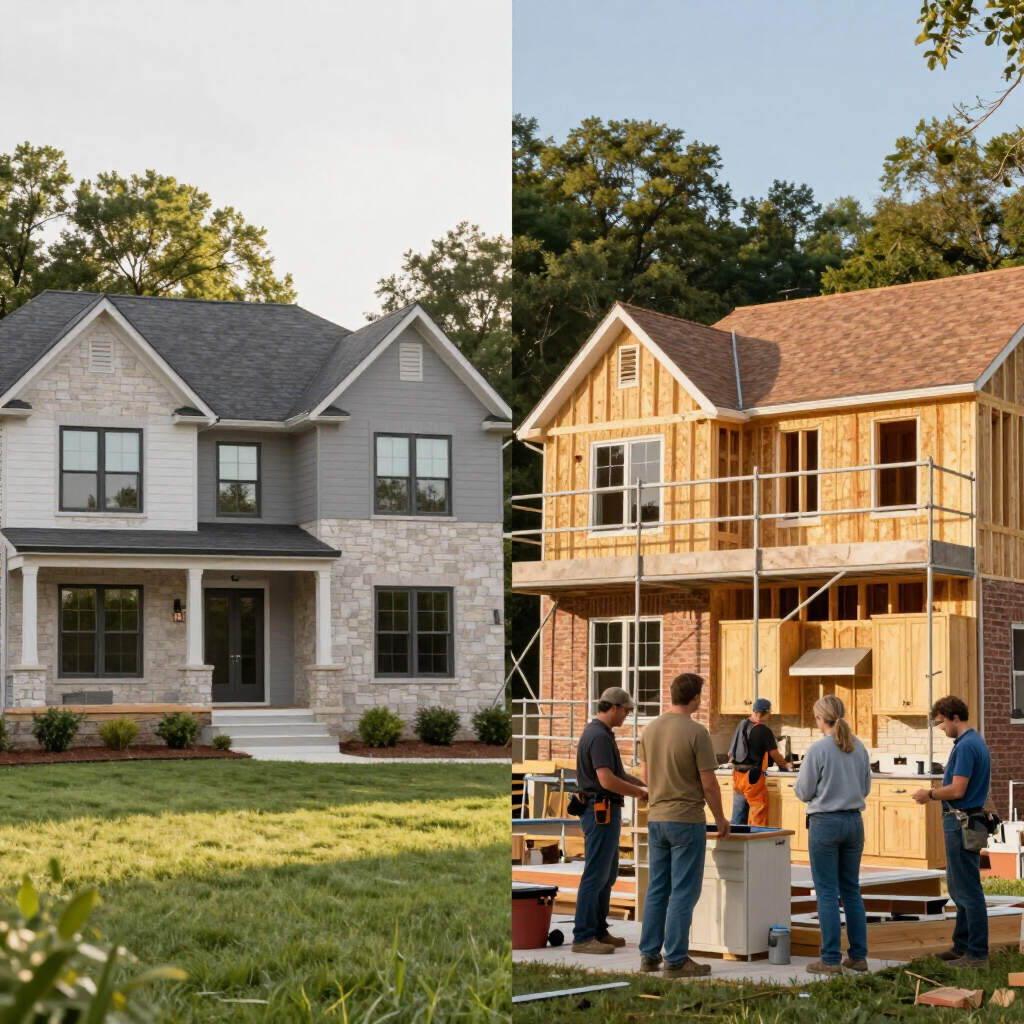 Two houses in a suburban neighborhood, one finished and one under construction, with workers gathered outside.