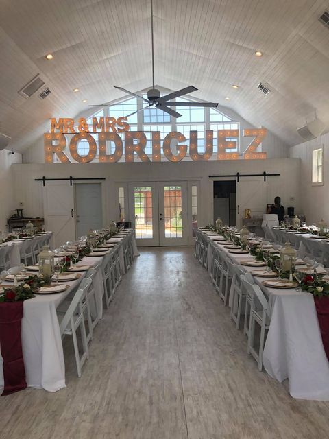 A large room with tables and chairs and a sign that says rodriguez