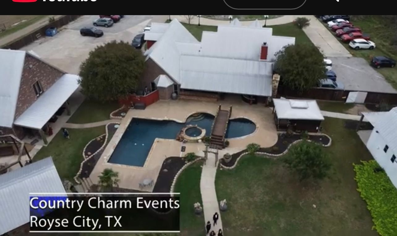 Aerial view of Country Charm Events in Royse City, TX, with a pool, patio, and buildings.
