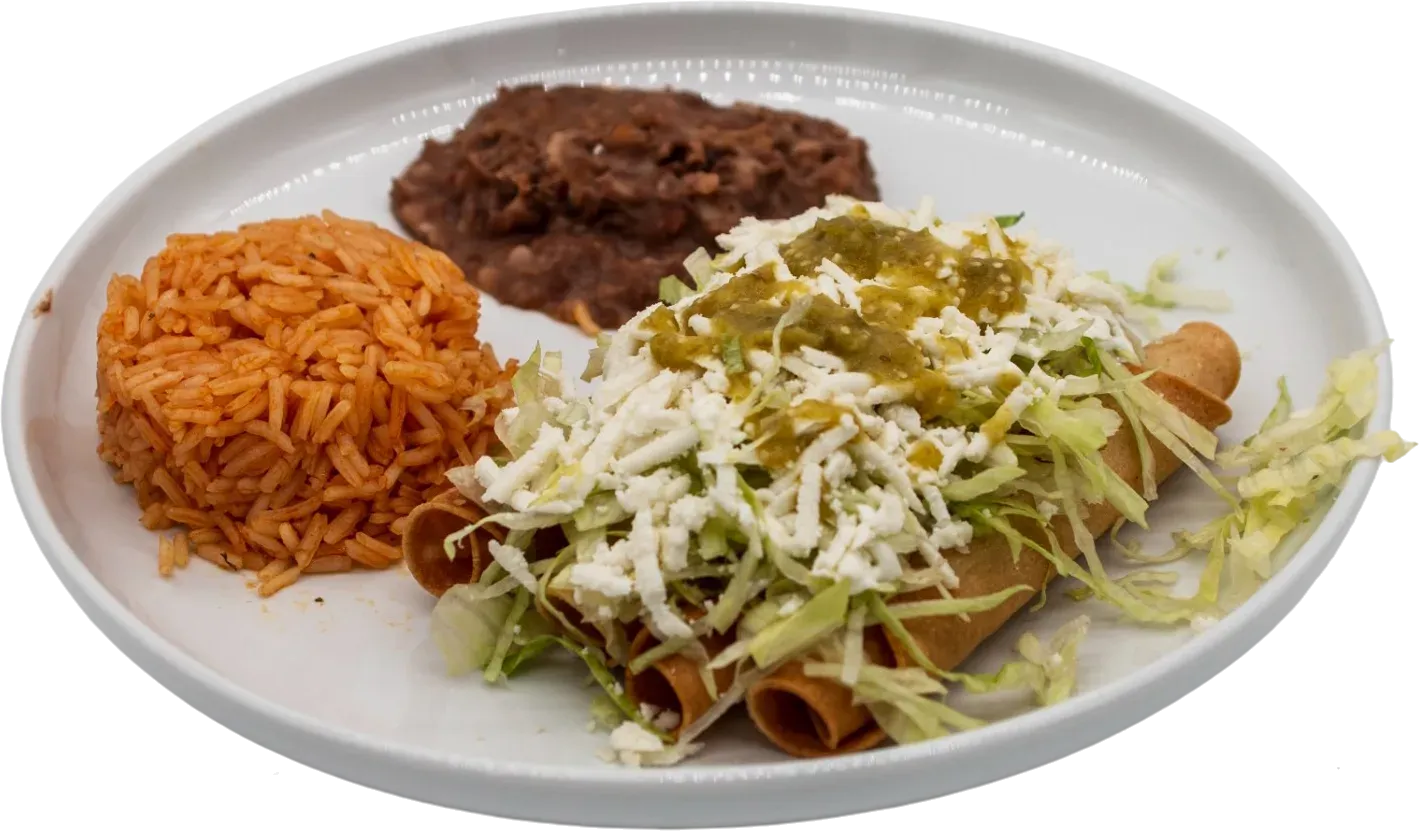 Plate of Mexican food: rolled tacos with toppings, rice, and refried beans.
