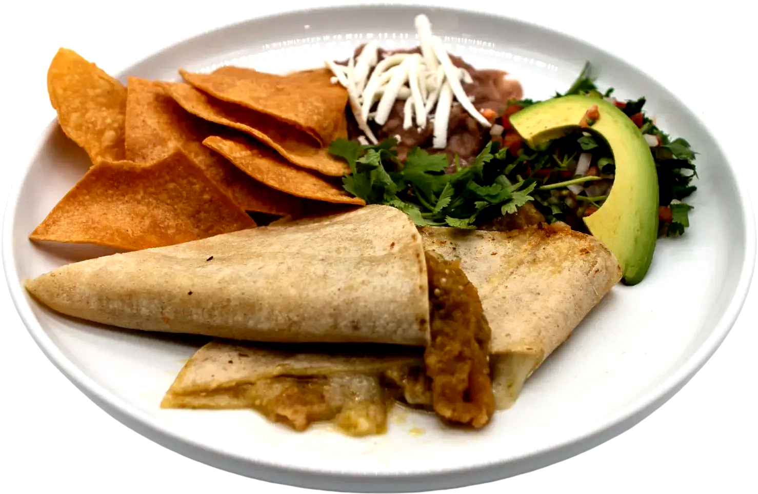 Plate of Mexican food: quesadilla, tortilla chips, beans, avocado, salsa, and cheese.