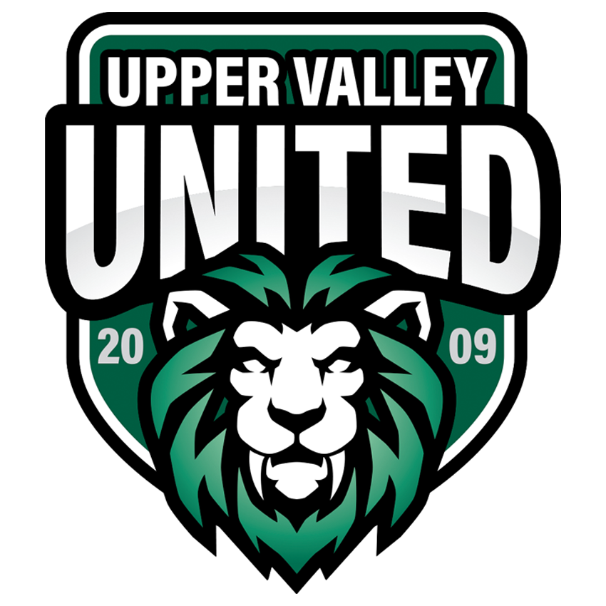 Upper Valley United lion mascot logo in black, white, green, and teal with “2019” and “20”