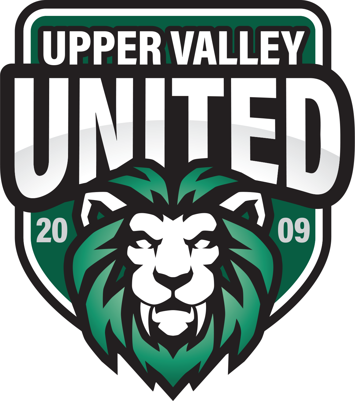 Upper Valley United soccer logo with green and black lion head and “2019” shield emblem