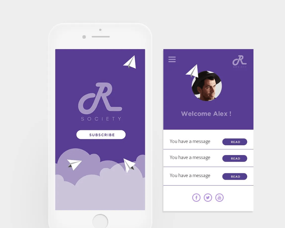 Duas telas de interface de aplicativo móvel em roxo e branco, mostrando uma página de login com um logotipo e um perfil de usuário com mensagens.