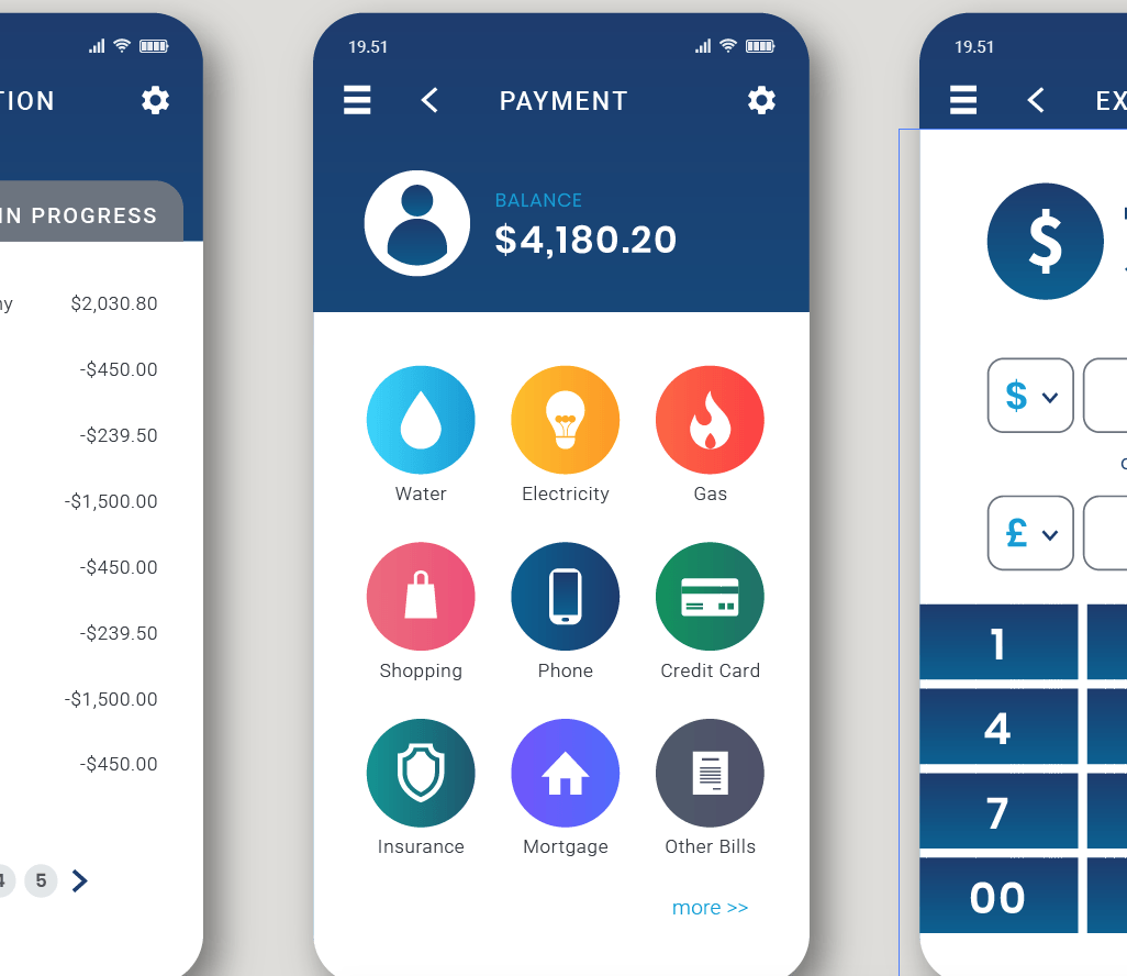 Interface de aplicativo de mobile banking com três telas: histórico de transações, painel de pagamentos com ícones e teclado numérico.