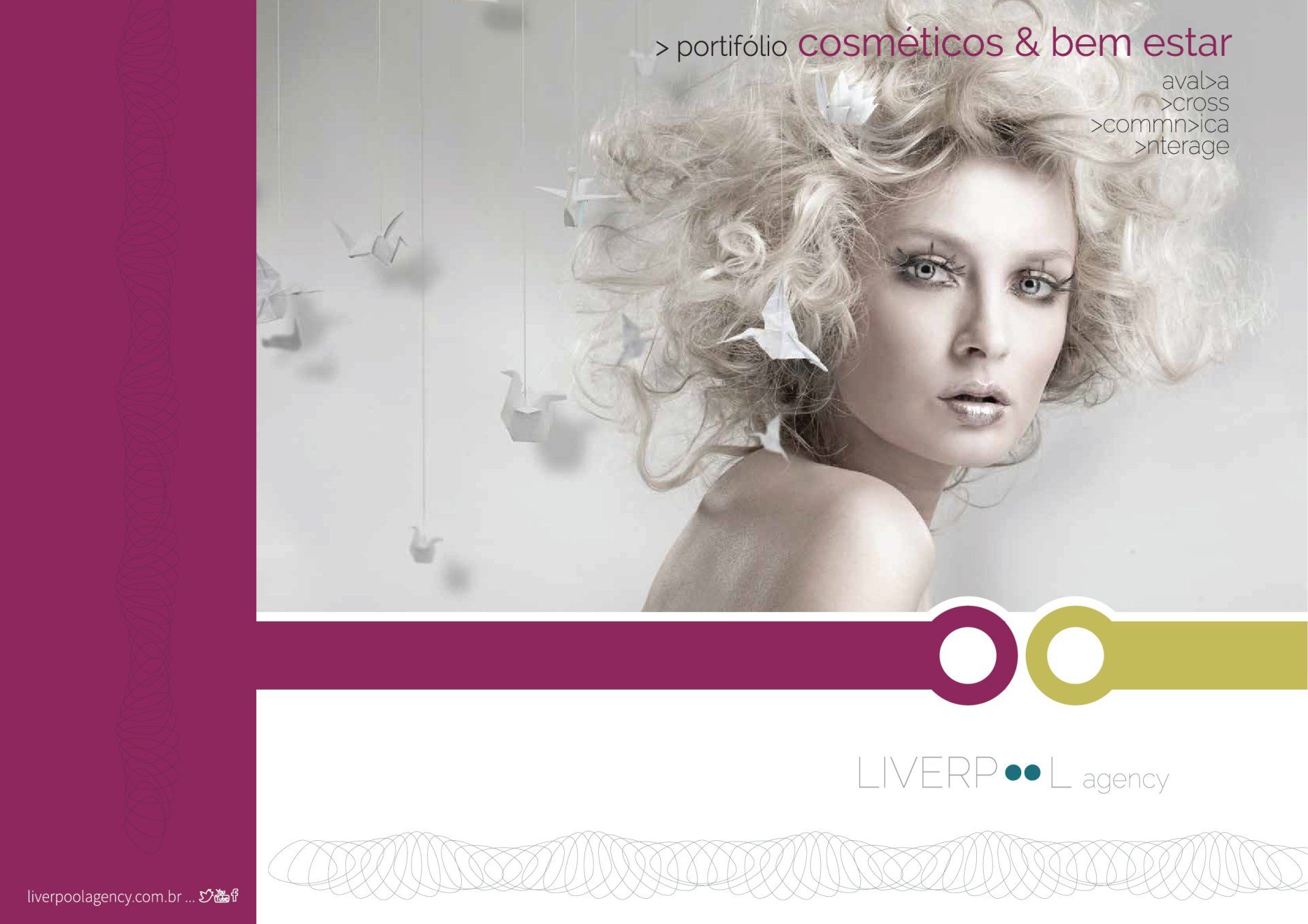 Arte promocional para um portfólio de cosméticos e bem-estar apresentando uma modelo com cabelos volumosos e pássaros estilizados.