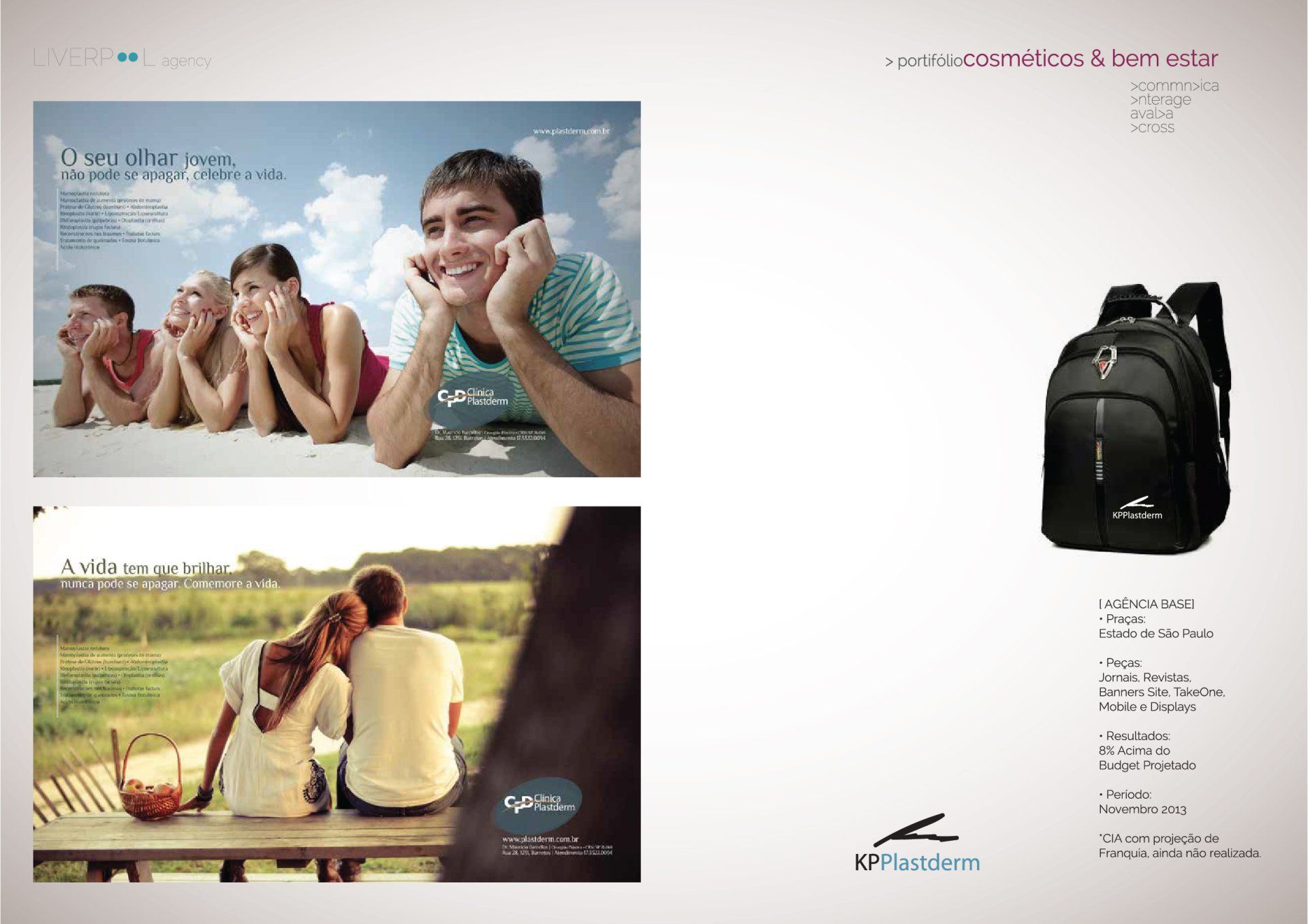 Layout promocional com pessoas descansando ao ar livre, uma foto de uma mochila e logotipos da marca Kit Acaderm.