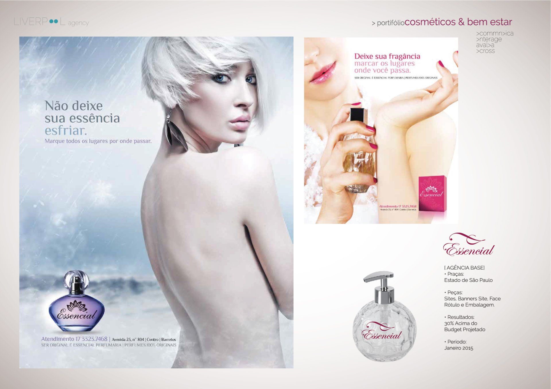 Anúncio do perfume Essencial com uma modelo, frascos do produto e texto descritivo sobre fragrâncias e cuidados com a pele.