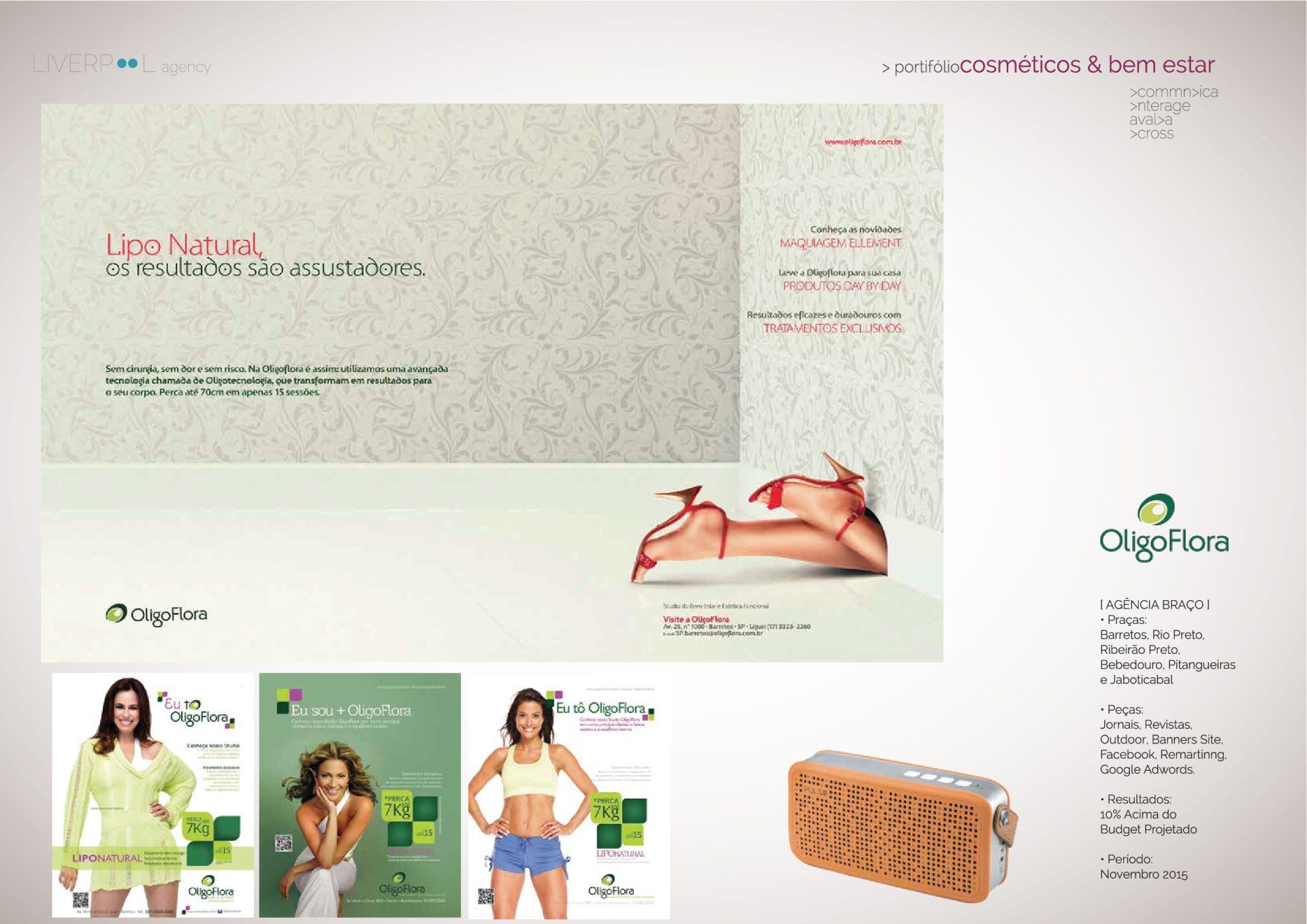 Anúncio dos produtos de bem-estar OligoFlora, com texto, logotipos da marca, pernas de uma mulher e elementos gráficos promocionais.