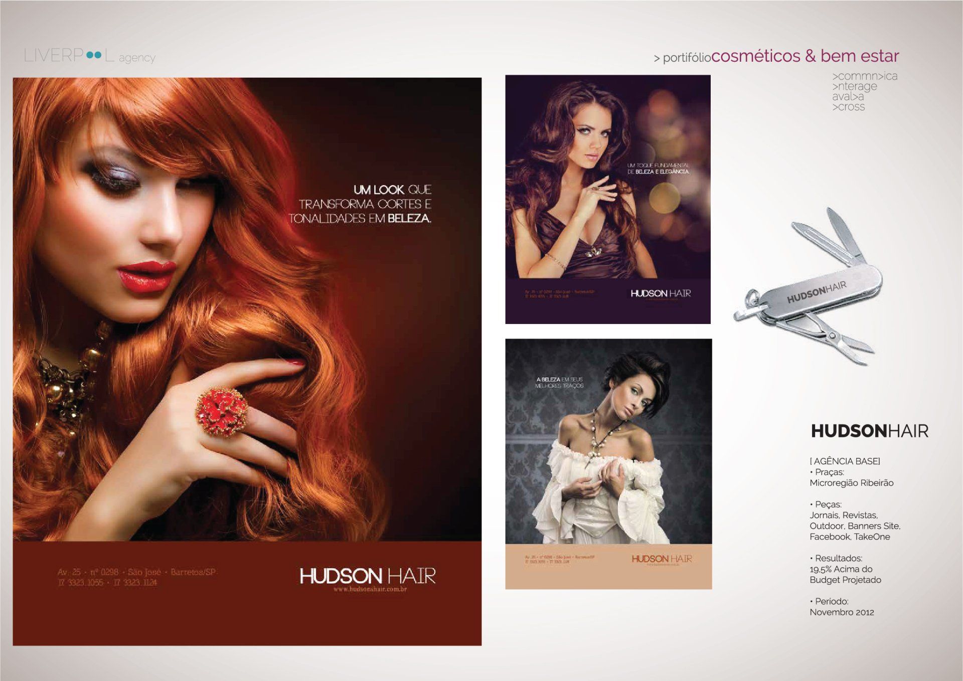 Um anúncio da Hudson Hair apresentando retratos de pessoas com cabelos estilizados, um gráfico de uma ferramenta multifuncional e detalhes da marca.