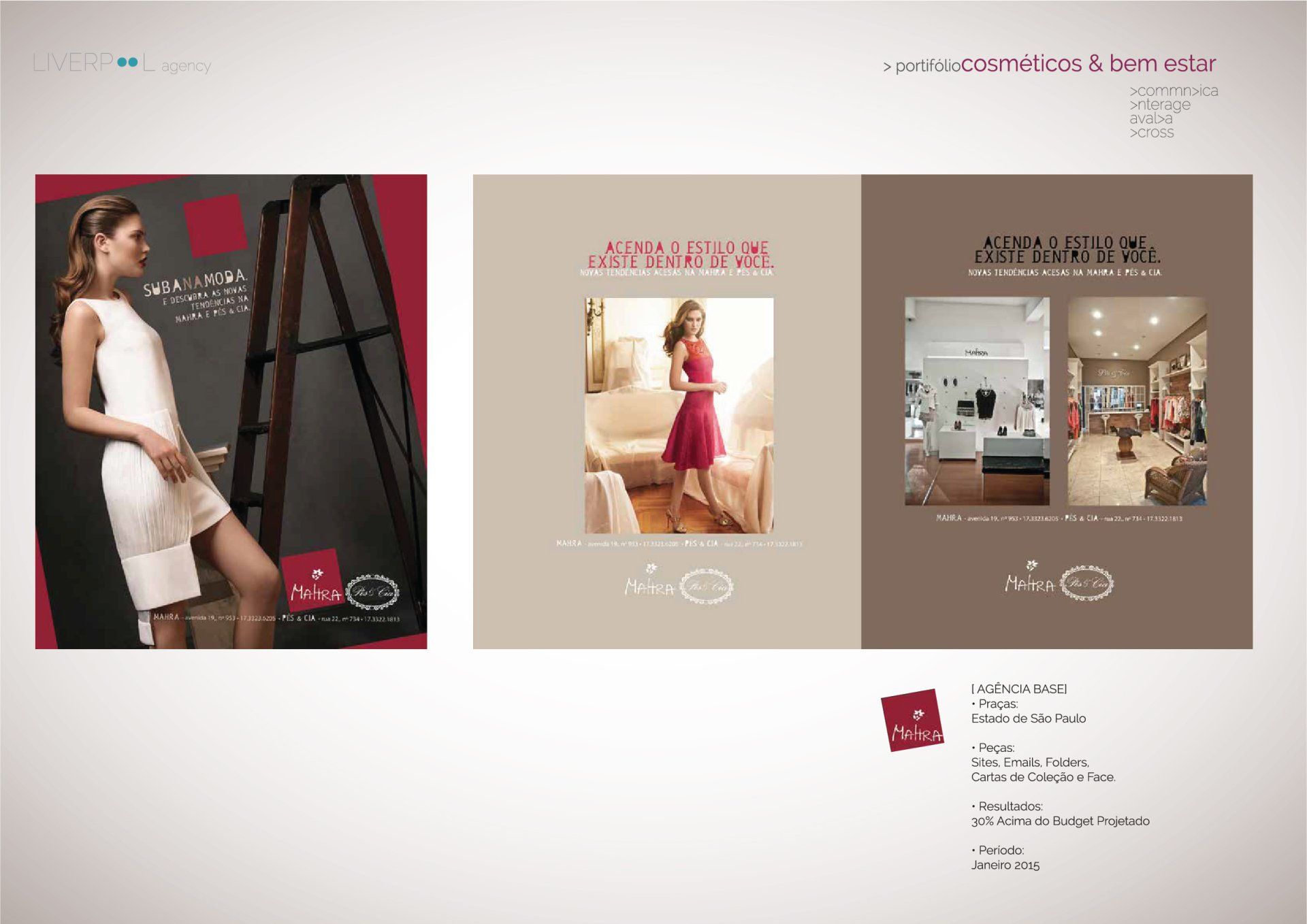 Um folheto de marketing da Felicia mostrando mulheres modelando vestidos em ambientes de loja, com detalhes de localização na parte inferior.